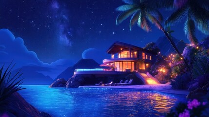 Fototapeta premium Luxurious beachfront home at night, tropical paradise