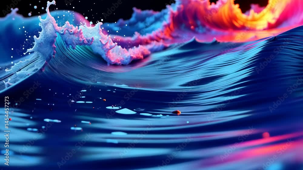 Poster neon ocean waves ripple and splash with vibrant colors against a black backdrop.