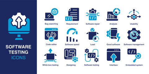 Software Testing icon set. Containing bug searching, usability, load, software speed, testing interface, and embedded system. Solid vector icons collection. Vector illustration. © Vactory_Icons