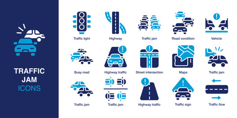 Traffic Jam icon set. Containing traffic light, highway jam, vehicle, intersection, road condition, and traffic sign. Solid vector icons collection. Vector illustration.