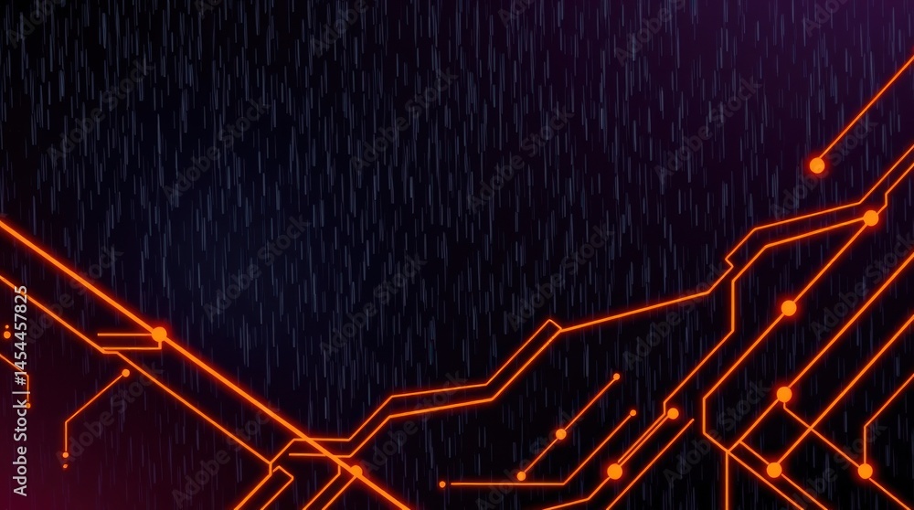 Poster abstract digital artwork featuring glowing orange circuitry on a dark background with falling binary