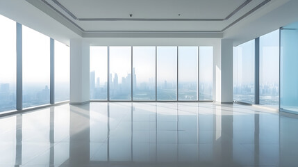 A spacious, modern office with large windows overlooking a city skyline.