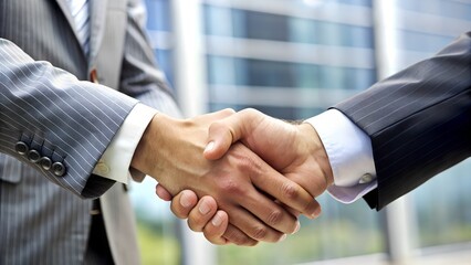 Two businessmen in suits shake hands in the office, sealing a successful partnership agreement
