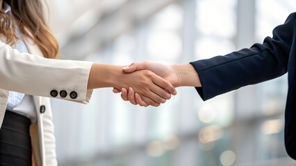 Businessmen in suits shaking hands in the office signify a successful partnership agreement among the team