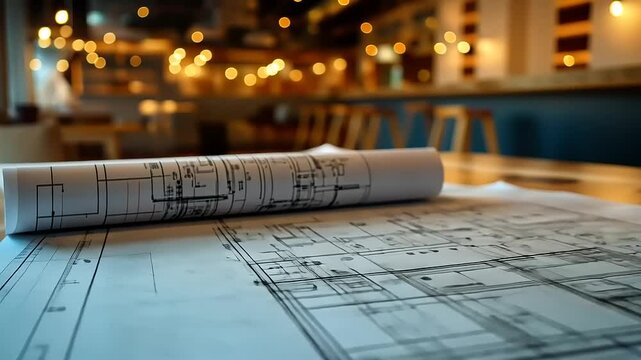 Architectural plans on a table in a restaurant