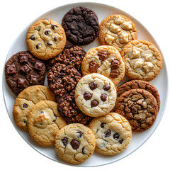 Plate of cookies arranged neatly, top view, transparent background