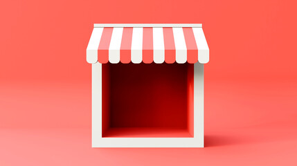 Blank exhibition booth store or blank display shop stand with red striped awning isolated on red background. Online store or shopping banner. Product display concept.