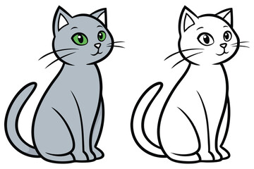 Cute gray cartoon cat with green eyes is sitting next to its line art version