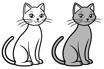 Two cartoon cats, one grey and one white, are sitting down together side by side
