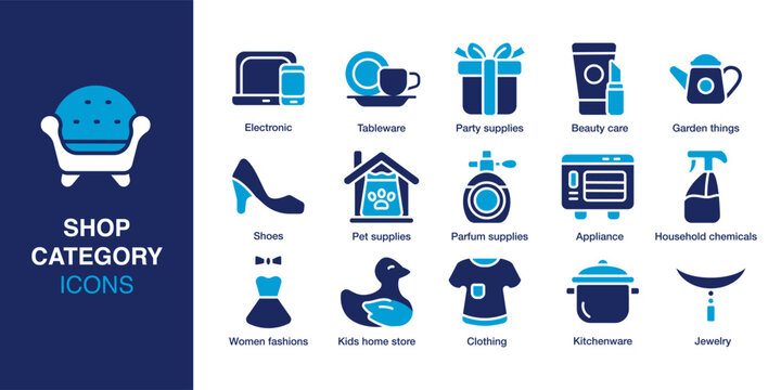 Shop category icon set. Containing Electronic, Tableware, Beauty care, Pet supplies, Clothing, Kitchenware and more. Solid vector icons collection. Vector illustration.