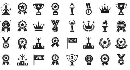 Assorted Achievement Icons Trophies Medals Ribbons Podium and Crown