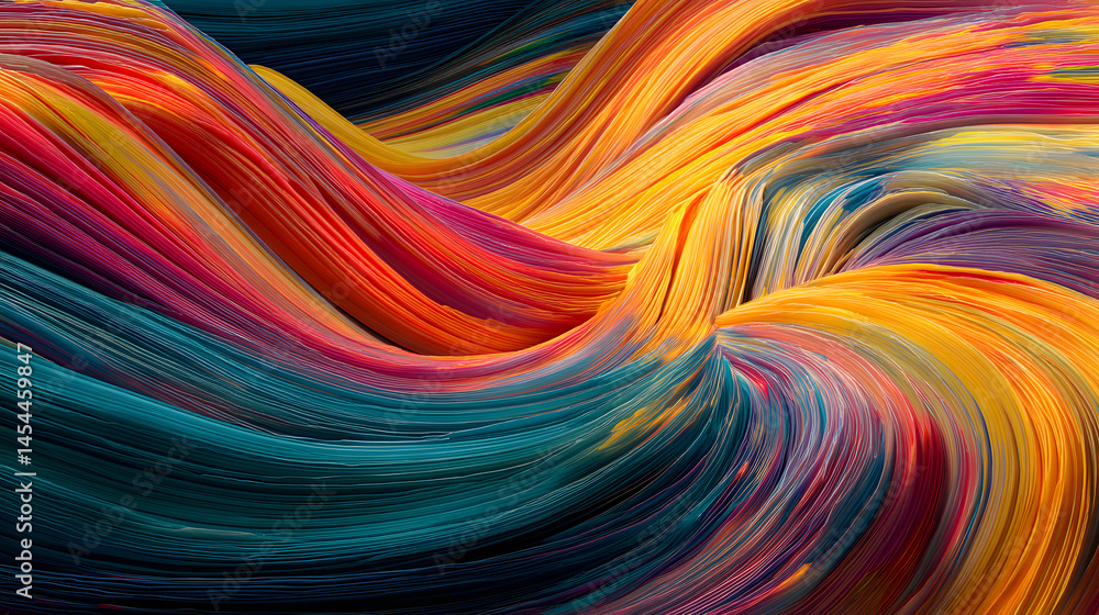 Poster abstract smooth waving wallpaper with a multitude of colorful intertwined lines forming a dynamic an
