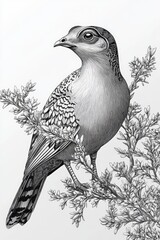 Fototapeta premium Detailed grayscale drawing of a bird perched on a branch. Intricate feather details are evident