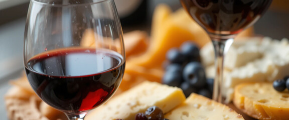 landscape aligned celebrity food banner photo of red wine glass and home made cheese combination 