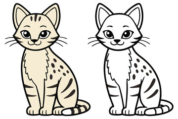 Obraz premium Two cartoon serval cats sit side by side, one colored and one outline