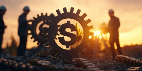 Economic Growth Innovation Competitiveness concept. Workers with gears and money symbol during sunset, representing industry and finance.