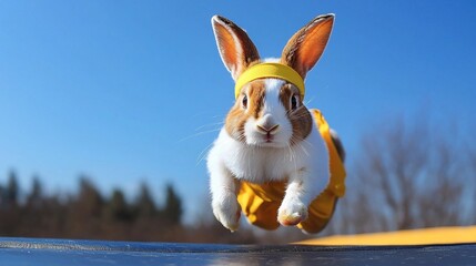 Playful bunny in mid-air jump, wearing yellow headband and outfit.