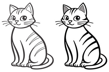 Two cute cartoon tabby cats are sitting calmly, outlined in black with transparent backgrounds