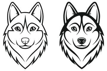 Two stylized husky dog faces with detailed black outlines are featured on a white background
