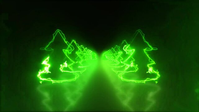 Flanked by two abstract, leafless trees outlined in vivid neon, the tunnel creates a striking contrast against a deep background