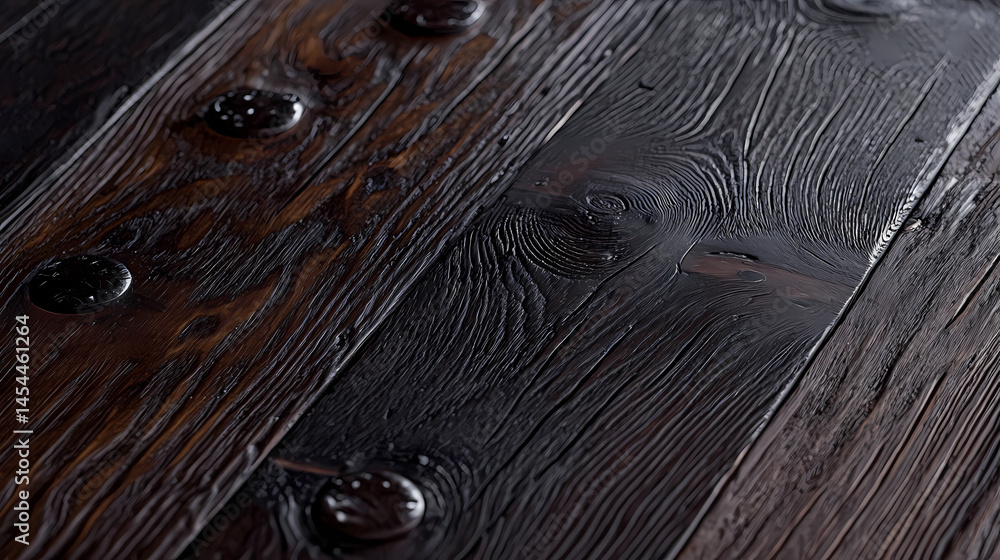 Poster close-up view of dark wooden planks with visible grain patterns and glossy finish in a serene settin