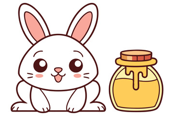 Adorable white cartoon bunny sits sweetly near a honey jar on a transparent background
