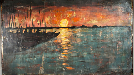 A painting of silhouetted figures in a boat against a vibrant sunset landscape