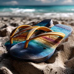 colorful flip-flops partially buried in soft golden sand, bright summer sunlight casting soft shadows


