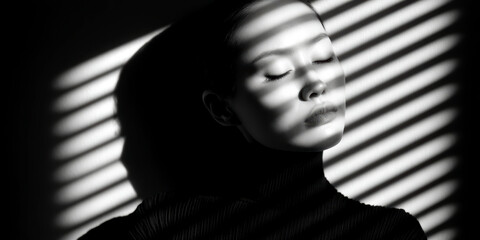 Obraz premium Serene Woman Portrait in Black and White with Dramatic Lighting and Striped Shadows