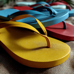 colorful flip-flops partially buried in soft golden sand, bright summer sunlight casting soft shadows


