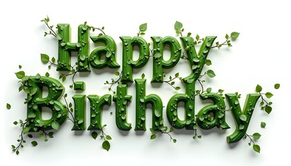 Happy Birthday" in green jungle-style font with realistic leaf patterns and vines wrapping around each letter.