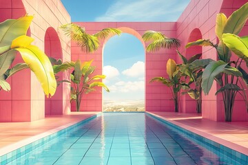 Tropical garden and swimming pool in modern holiday home. Desert construction design background