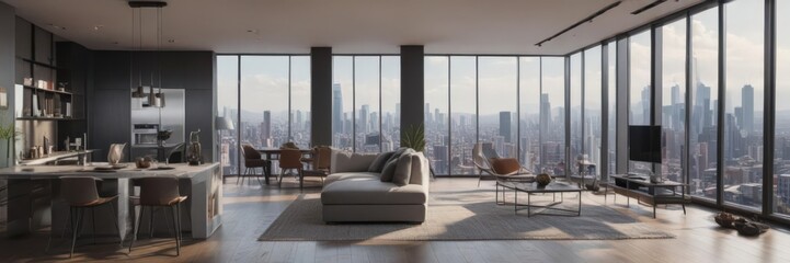 High-rise city view apartment, modern interior, concrete, balcony, interior