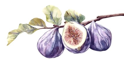 Watercolor illustration of figs on a branch.