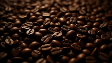 Close-up high-resolution image of roasted coffee beans with glossy texture, deep brown tones, and soft lighting enhancing rich, natural detail.