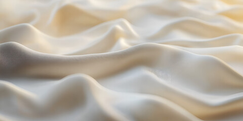 Fototapeta premium Close-up view of ivory silk satin fabric rippling in subtle waves, the texture flowing delicately with soft light glimmering on the surface