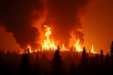Massive Wildfire Burning Through Pine Forest at Sunset, Thick Smoke Rising into Sky