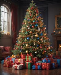 Ornate Christmas tree, presents overflowing, vibrant hues,  celebration,  winter wonderland,  decoration