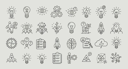 Collection of Simple Line Art Icons Representing Ideas and Collaboration