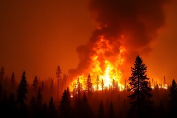 Massive Wildfire Burning Through Pine Forest at Sunset, Thick Smoke Rising into Sky
