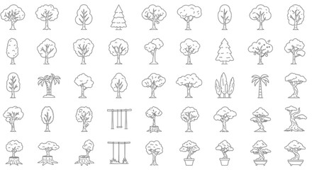 Collection of Simple Grey Tree and Swing Set Line Art Icons