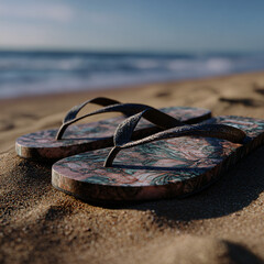 colorful flip-flops partially buried in soft golden sand, bright summer sunlight casting soft shadows


