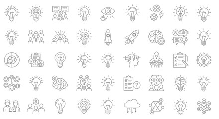 Collection of sixteen line art icons representing ideas teamwork and problemsolving