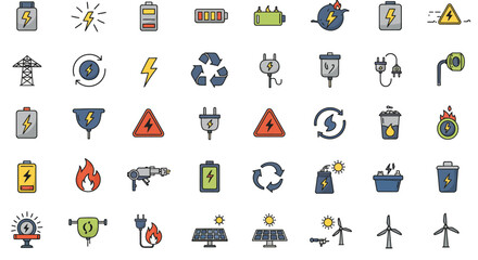 Fototapeta premium Colorful Electricity Icons Batteries Lightning Bolts and Power Symbols