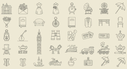 Collection of Vintage Line Art Icons Representing Various Classic Objects