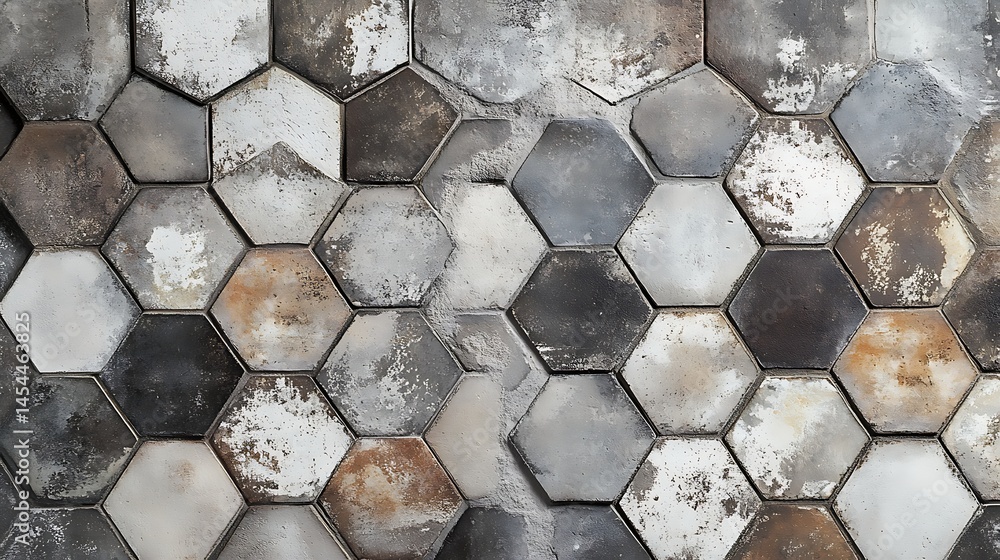 Poster close-up view of hexagonal tiles in varying shades and textures, showcasing a modern design aestheti