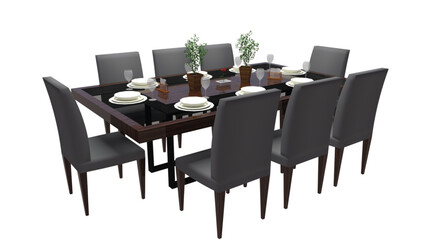Modern Dining Table Setup With 8 Chairs and Plants 3D Render