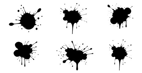 Black dripping ink. Isolated spots of paint, floating oil blots vector set. Blob paint, ink splatter black, stain and drip illustration