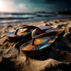 colorful flip-flops partially buried in soft golden sand, bright summer sunlight casting soft shadows


