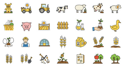 Farm and Agriculture Icons Windmill Tractor Pig Field Farmer and Crops